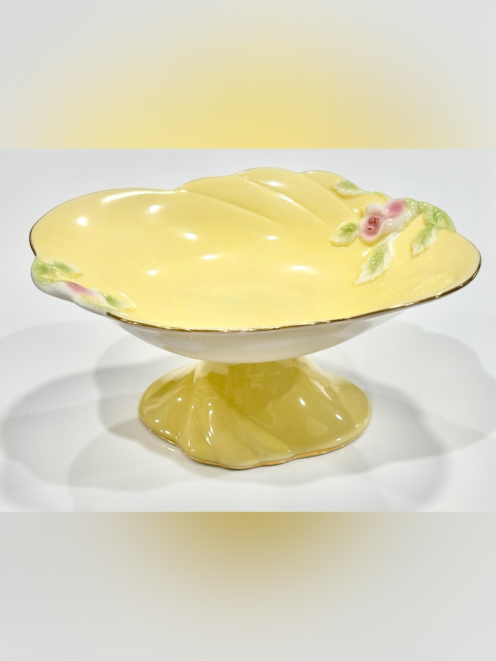 I. GODINGER & Co Yellow Ceramic Pedestal Bowl, Raised Pink Flowers, Golden Trims